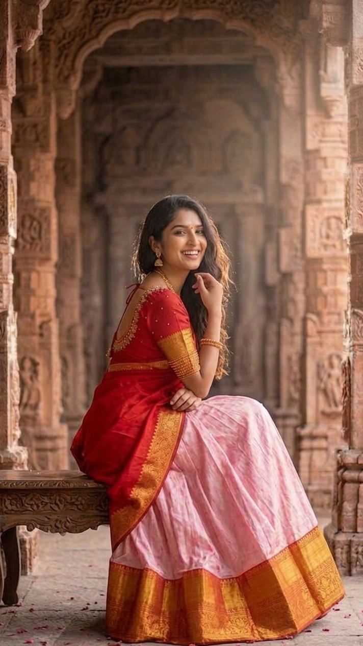 Pink & Red Kanchi Half Saree