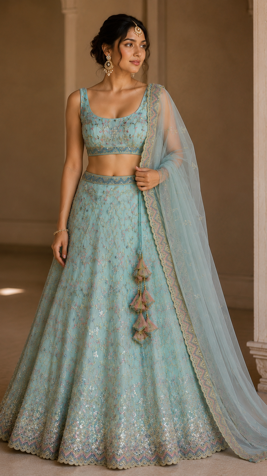 Sky Blue Embroidered Lehenga