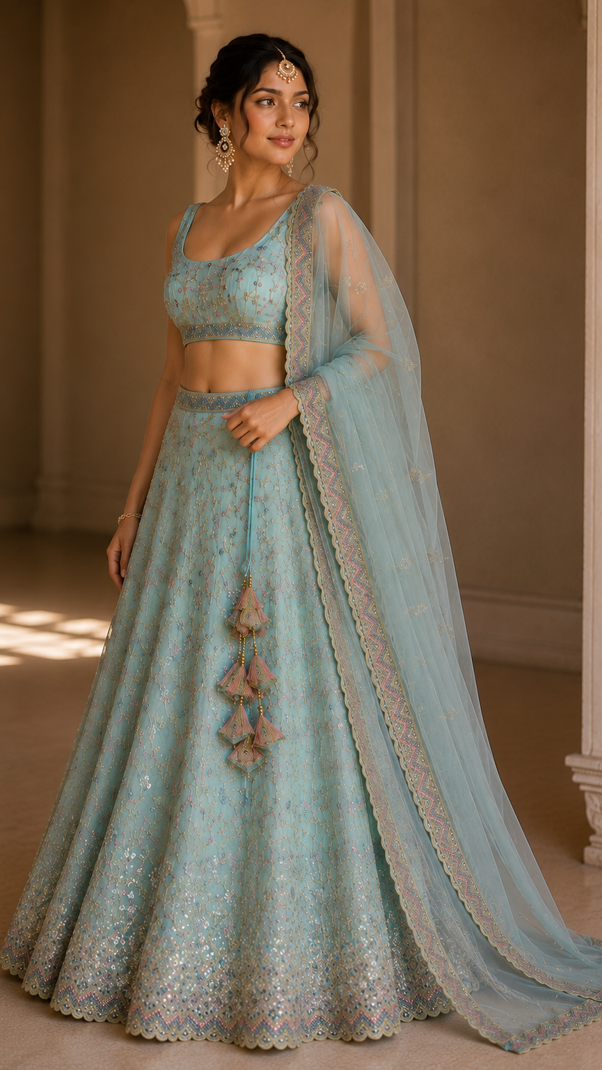 Sky Blue Embroidered Lehenga