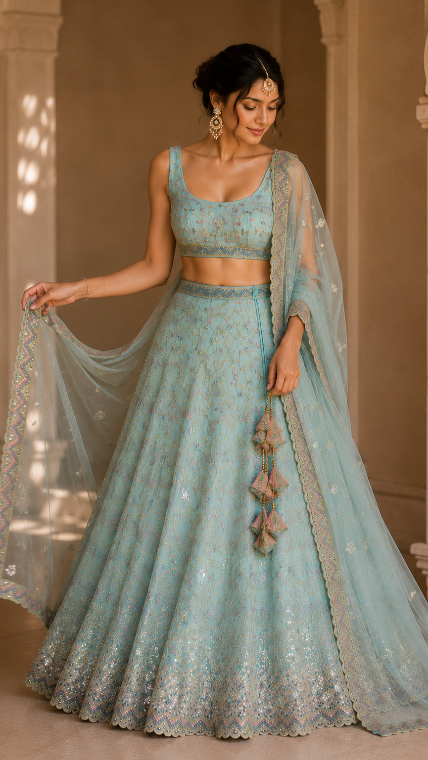 Sky Blue Embroidered Lehenga
