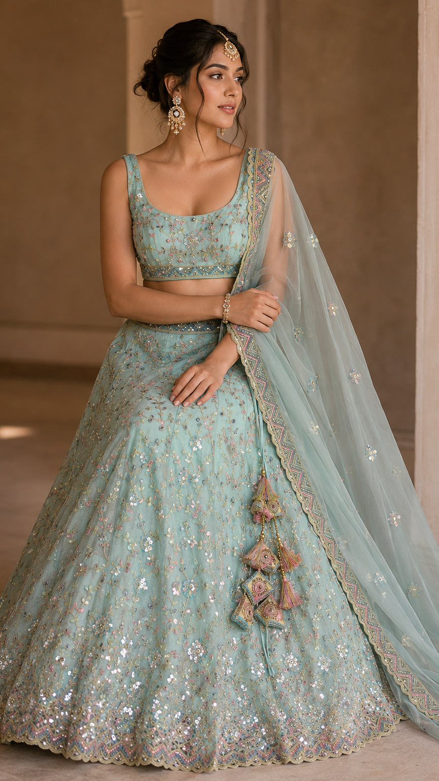 Sky Blue Embroidered Lehenga